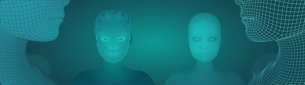 Diverse set of faces with digital data points and algorithms overlay, representing demographic bias in facial recognition technology and its ethical dilemmas.