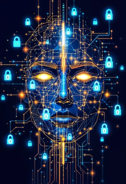 A digital lock icon superimposed over a human face, representing data security concerns and privacy risks associated with facial recognition technology.