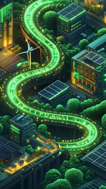 A detailed digital rendering of a smart energy grid, showing data flow and renewable energy sources seamlessly integrated, with a focus on efficiency and sustainability.