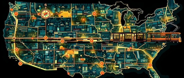 A detailed, futuristic digital rendering of a smart grid system overlayed on the US map, showing intersecting lines representing advanced transmission, integrated renewable energy sources like offshore wind farms and large solar arrays, and dynamic energy flow, signifying modernization.