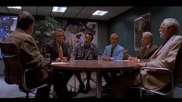 A corporate boardroom with a diverse group of executives engaged in a discussion, illustrating inclusive leadership.