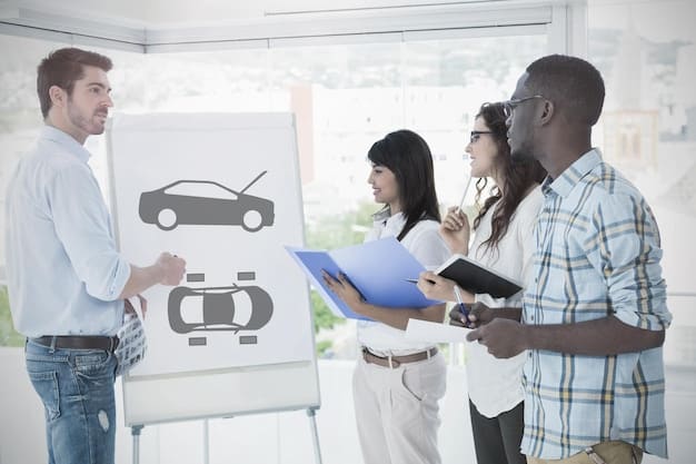 A diverse group of people discussing ethical implications of autonomous vehicles, with a white board showing conflicting moral dilemmas and potential solutions.