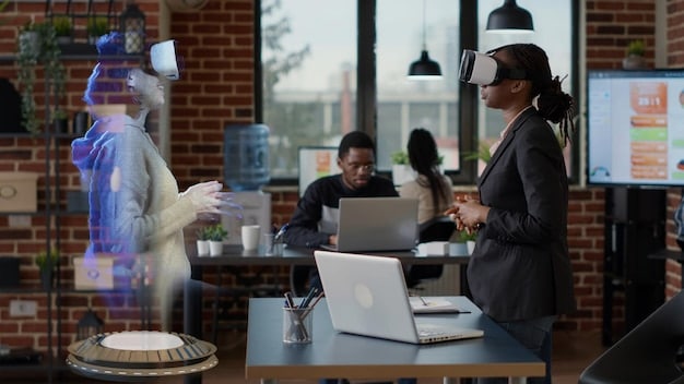 A diverse group of office workers collaborating around a table, with holographic interfaces and AI-powered screens subtly integrated into their workspace. The image should convey seamless human-AI interaction in a modern office setup.