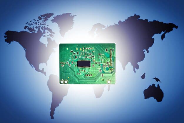 A detailed close-up of a complex semiconductor chip with glowing lines, overlaying a subtle map of East Asia and North America, illustrating the high-stakes global competition in chip manufacturing.