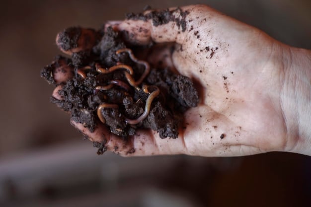 A close-up view of a handful of rich, dark soil teeming with earthworms and visible organic matter, illustrating the biological activity and health of the soil. This illustrates the biological indicators of soil health.