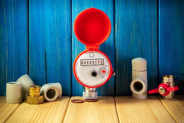 A close-up shot of a water meter displaying lowered usage numbers after water-saving appliances were installed. Focus is on the digital display showing a clear decrease in water consumption. Some pipes and fittings are visible in the background, suggesting the location is inside a basement or utility closet.