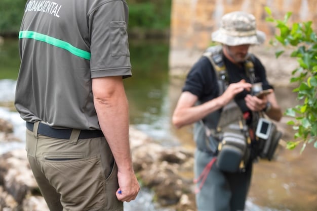 A close-up shot of a clear stream with volunteers in the background using testing equipment to measure water quality parameters. The volunteers are wearing waders and gloves, and taking notes on clipboards.