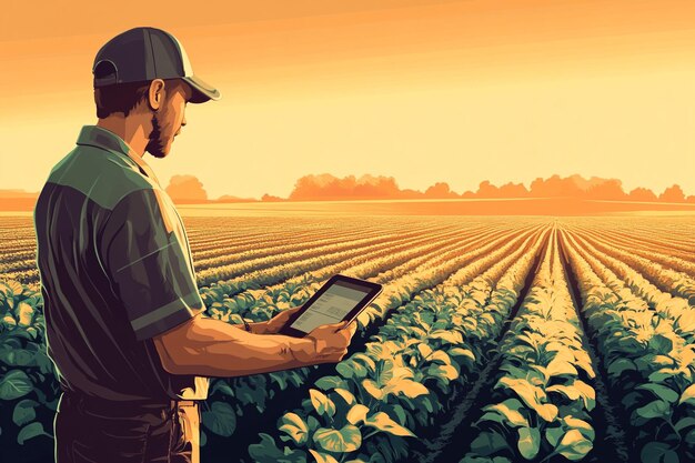 A farmer inspecting a field with rows of different crops, illustrating the diversity of crop rotation systems.
