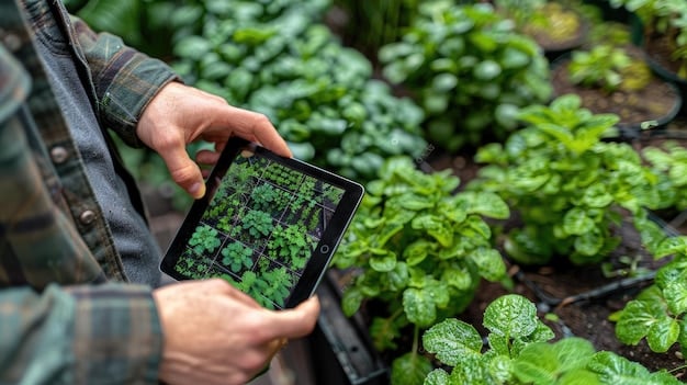 A farmer inspecting crops with a tablet, showing precision farming data and holographic projections of plant health indicators.