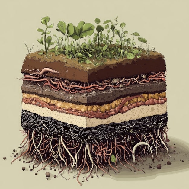 A detailed illustration showing healthy forest soil with a complex root system and rich microbial activity, emphasizing vital underground ecosystems.