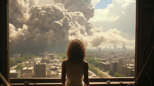 A person looking out a window at a smoky, hazy city skyline, with a thoughtful or anxious expression, symbolizing mental health challenges and isolation during prolonged smoke events.