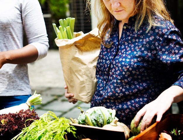 A person using a reusable fabric shopping bag filled with fresh, unwrapped vegetables at a farmer's market, promoting sustainable consumption.