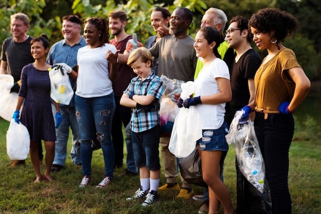 A diverse group of people participating in a community clean-up effort, symbolizing collective action and hope.