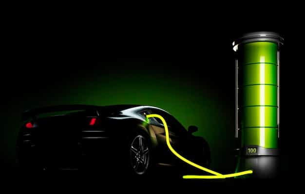 An electric vehicle charging rapidly at a high-power charging station, with glowing lines indicating fast energy transfer and a digital display showing percentage charged. The vehicle is sleek and modern.