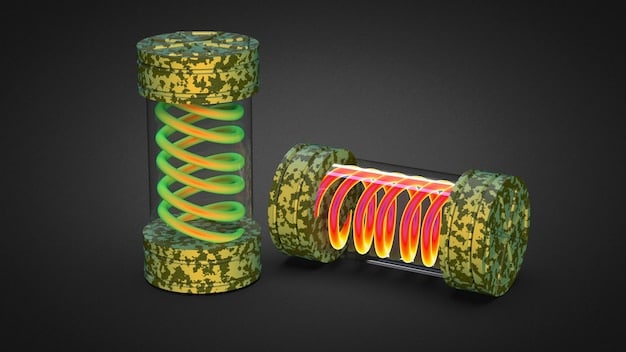 A detailed computer graphic illustrating the internal structure of a solid-state battery, showing the solid electrolyte separating the cathode and anode, with energy flow lines.