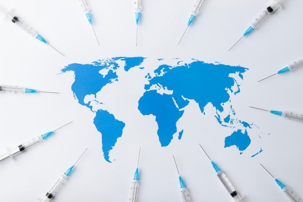 A detailed world map with arrows indicating global disease spread, alongside symbols of medical research and international cooperation.