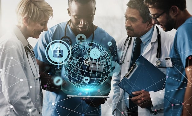 Healthcare professionals from diverse backgrounds collaborating and exchanging knowledge in a modern clinic setting, symbolizing global health workforce development.