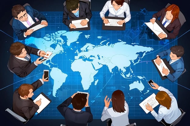Representatives from various nations sitting around a round table, engaged in a diplomatic discussion about global security, with maps and documents visible.