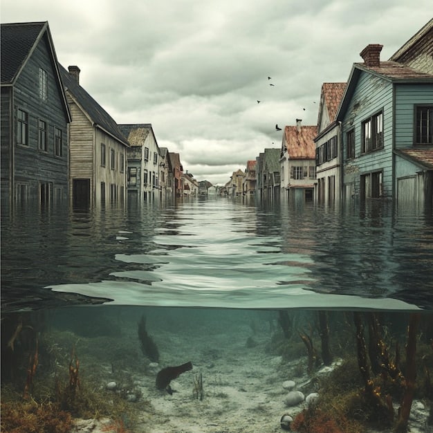 A depiction of a flooded street in a typical US coastal town, with water reaching car tires and residents navigating with difficulty. The architecture is colonial or classic American, suggesting an established community struggling with new environmental realities.