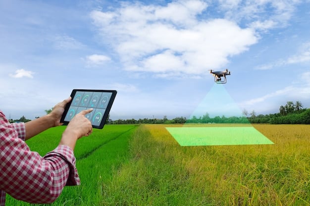 A drone flying over a field, taking aerial images, with a farmer in the foreground looking at a tablet displaying real-time soil data analytics.